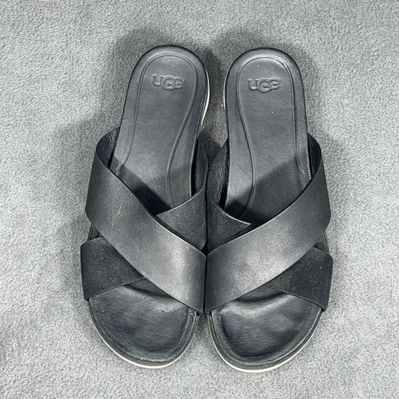 UGG Cross Strap Leather Slides Sandals Womens Platform Black Casual Comfort - Picture 7 of 11